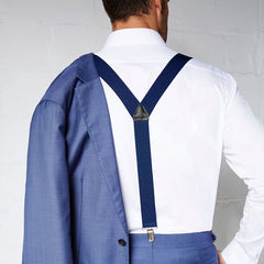 Man Wearing Navy Blue Clip On Braces