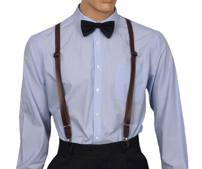 Skinny Brown Leather Suspenders Front