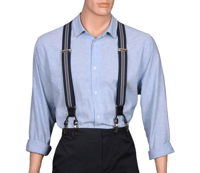 Grey and Navy Striped Double Clip Braces