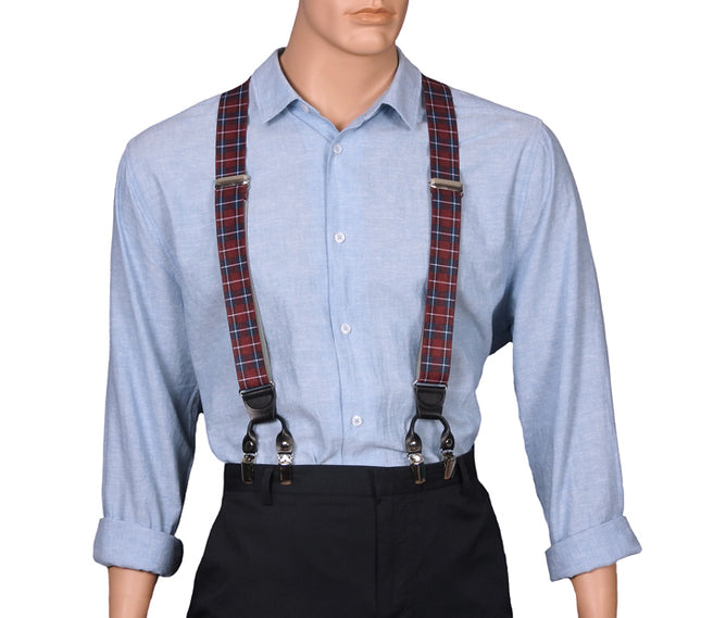 Burgundy Plaid Double Clips Suspenders