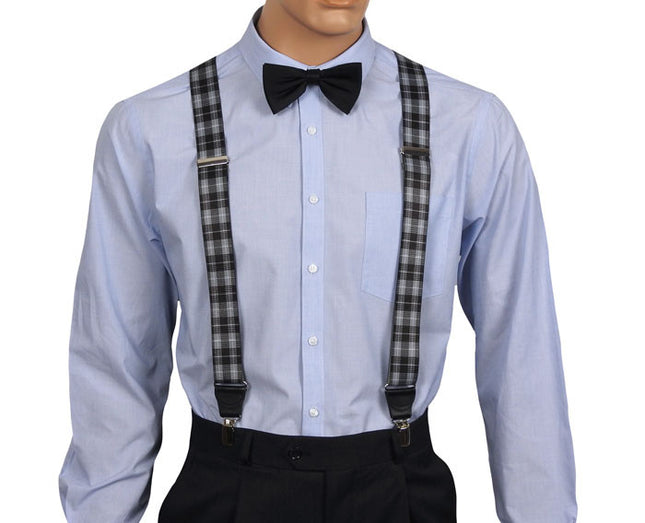 Grey Plaid Suspenders Front