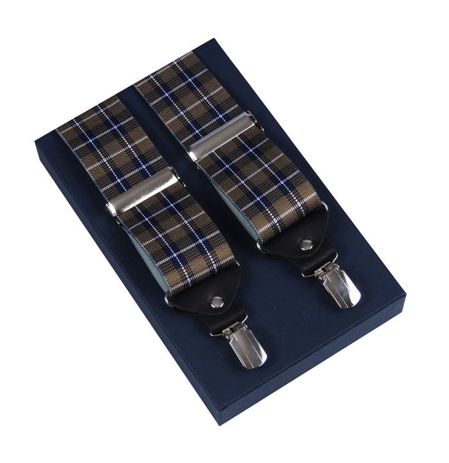 Extra Wide Brown Plaid Braces With Black Leather
