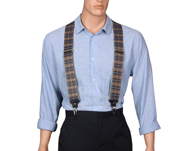 Extra Wide Brown Plaid Braces With Black Leather