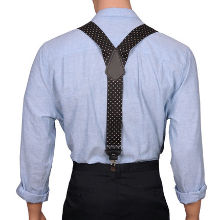 Black y-back braces with beige dots
