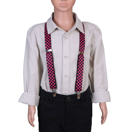 Kids Pink And Black Check Braces Front